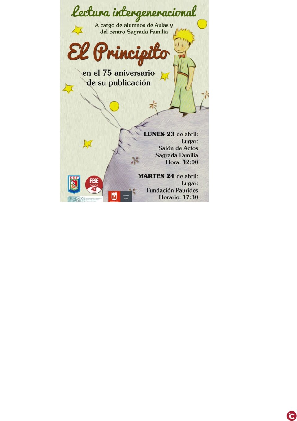 Aulas de la 3ª Edad realizará una lectura intergeneracional de El Principito con alumnos del centro Sagrada Familia