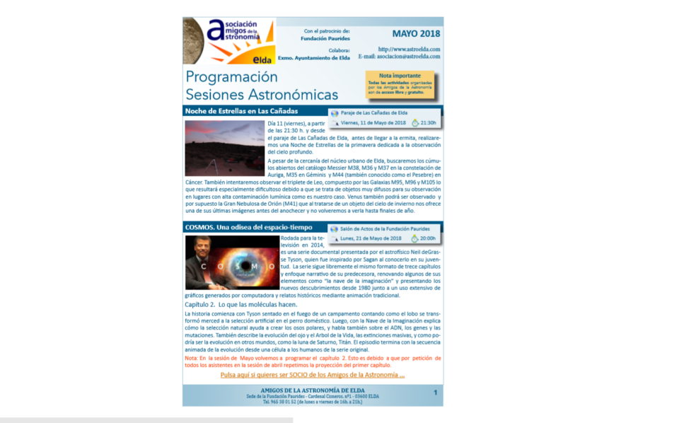 Programación de sesiones para Mayo 2018 de la Asociación Amigos de la Astronomía