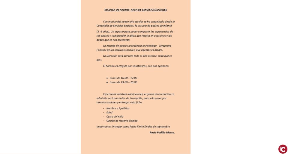 Nota informativa Escuela de Padre