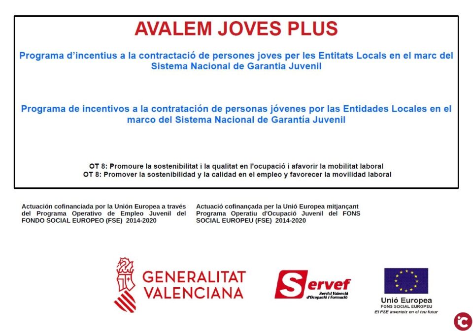 Programa Operativo de Empleo Juvenil en Biar  Avalem Joves Plus (EMCUJU-EMPUJU 2018). Han sido contratadas 5 personas jóvenes durante 1 año y jornada completa.