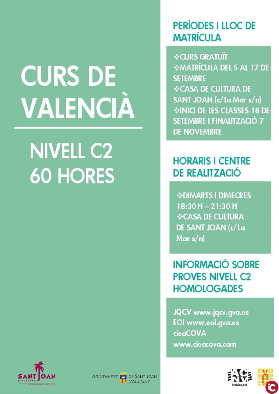 La regidoria de Política Lingüística de l'Ajuntament de Sant Joan d'Alacant obri la matriculació del curs intensiu de C2