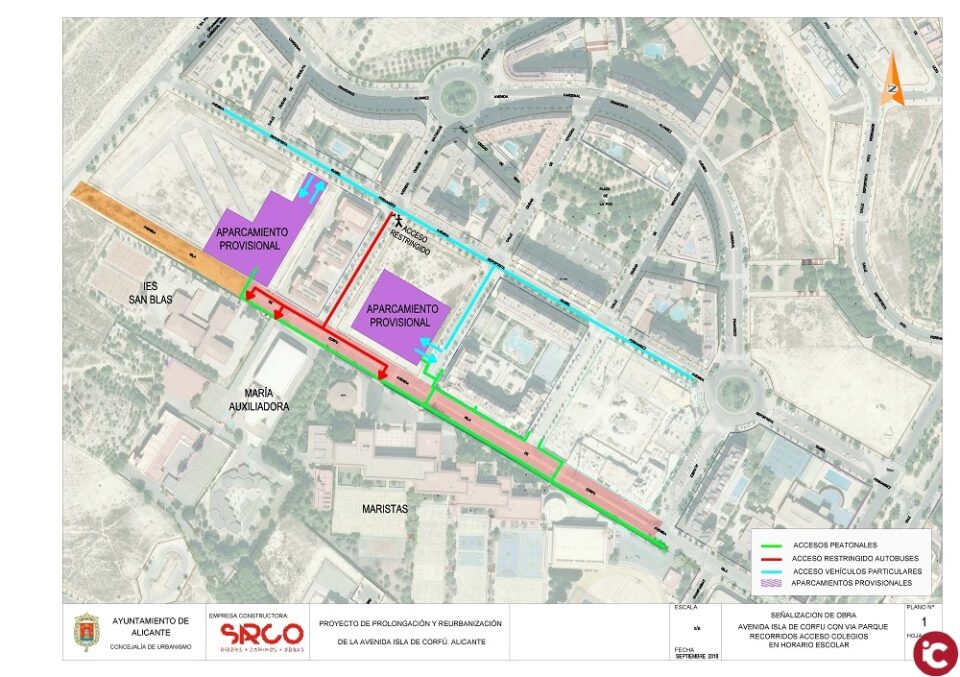 La Policía Local de Alicante organiza un dispositivo de Tráfico para coordinar el acceso a los colegios por las obras de la calle Isla de Corfú