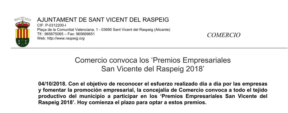 Comercio convoca los Premios Empresariales San Vicente del Raspeig 2018