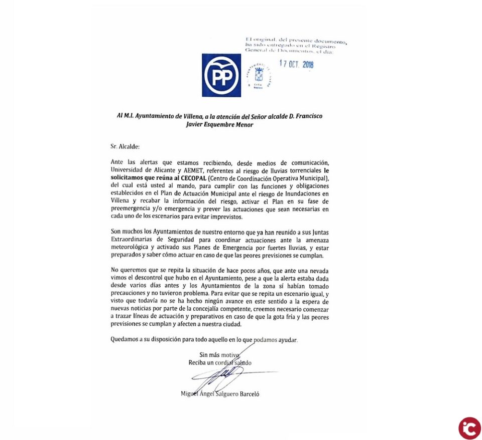PARTIDO POPULAR VILLENA: El PP pide al alcalde convocar el CECOPAL ante el riesgo de posibles inundaciones