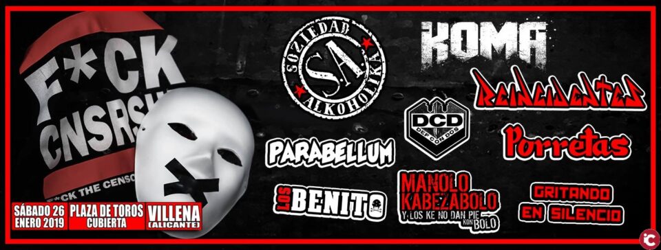 El festival F*ck Censorship vuelve a la plaza cubierta de Villena el sábado 26 de enero