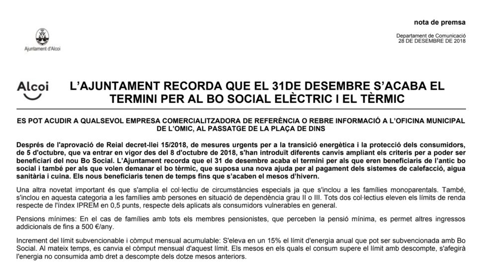 L´Ajuntament recorda que el 31 de desembre s´acaba el termini per al bo social elèctric i el tèrmic
