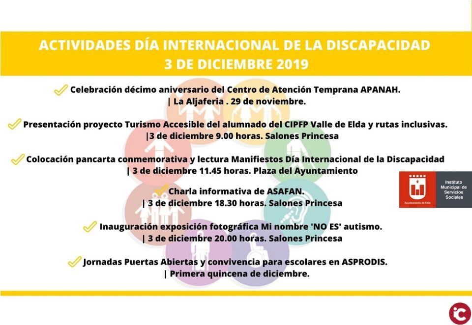 El Ayuntamiento de Elda conmemora el próximo martes el Día de las Personas con Discapacidad con actividades como rutas turísticas accesibles e inclusivas