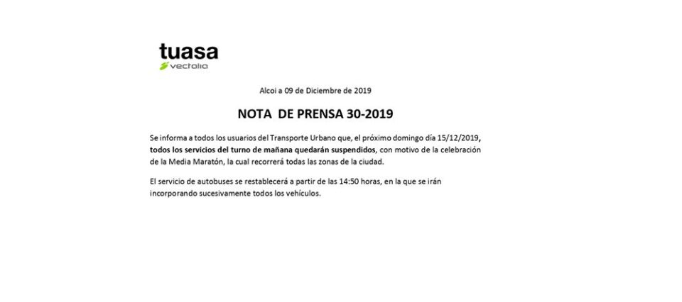 Aviso sobre los cortes de tràfico y cambios del bus urbano con motivo de la celebración de la Media Maratón de Alcoi