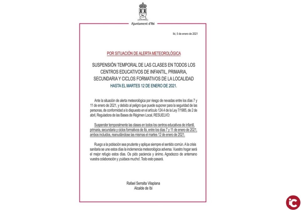 Ibi suspende las clases por el temporal hasta el 12 de enero