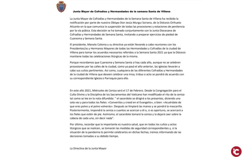 Comunicado de la Junta Mayor de Cofradías y Hermandades de la Semana Santa de Villena