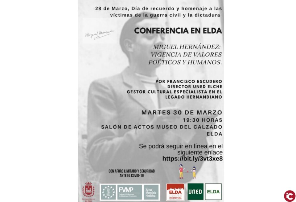 El Ayuntamiento de Elda organiza una conferencia sobre Miguel Hernández para conmemorar el Día de Recuerdo y Homenaje a las Víctimas de la Guerra Civil y la Dictadura