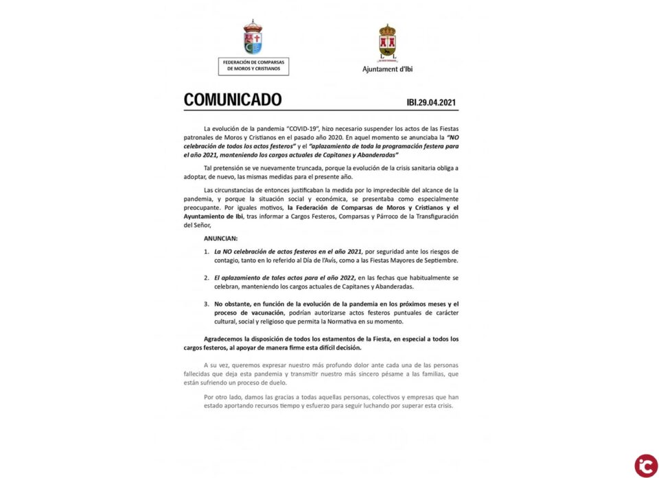 Suspendidas las Fiestas de Moros y Cristianos 2021
