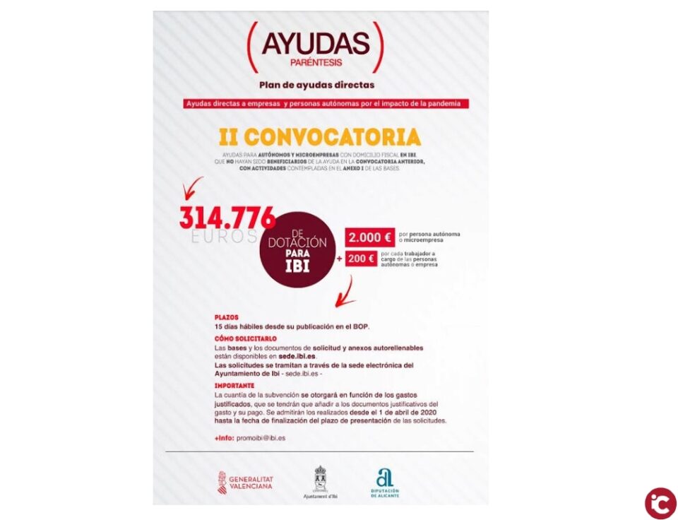 El Ayuntamiento de Ibi abre de nuevo el plazo del Plan Resistir dirigido a otras actividades de autónomos y empresas