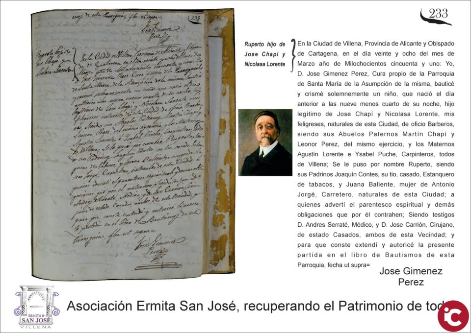 Se recupera la partida bautismal de Ruperto Chapí