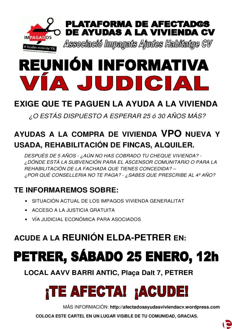Reunión informativa: 25 ENERO en Petrer PLATAFORMA "AFECTAD@S DE AYUDAS A LA VIVIENDA CV"