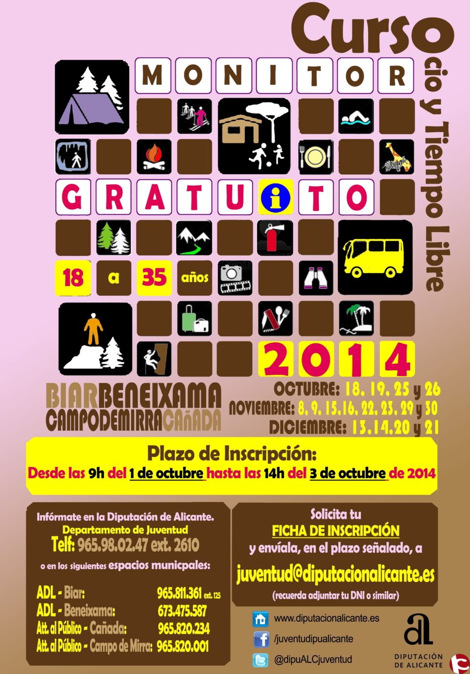 Monitor de Ocio y Tiempo Libre. Curso gratuito: Octubre (18-19-25 y 26); Noviembre (8-9-15-16-22-23-29 y 30); Diciembre (13-14-20 y 21) y teórica