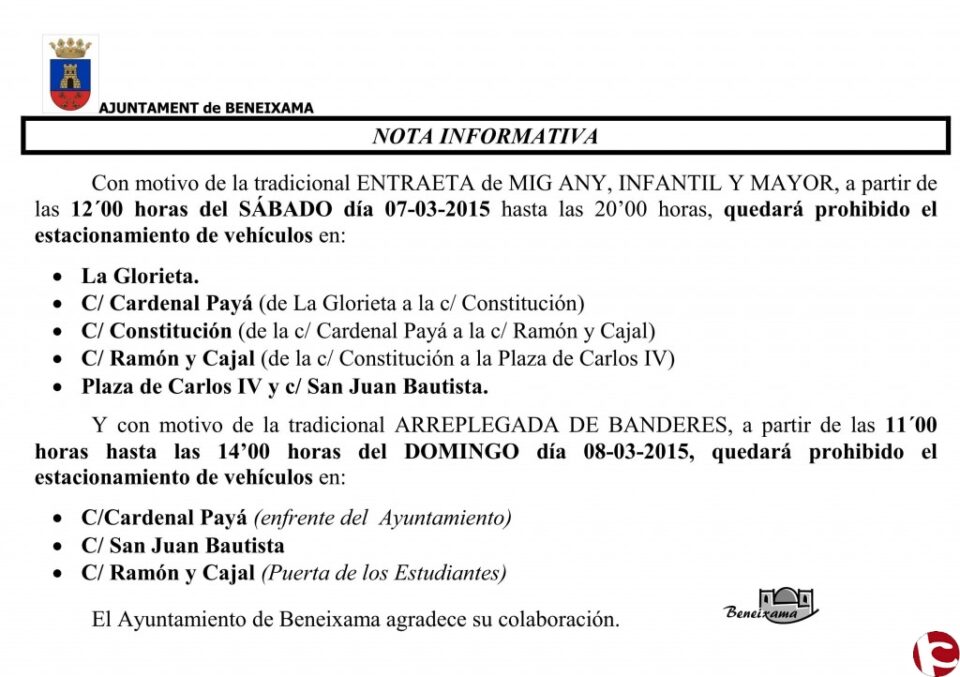 Estacionamiento de vehículos durante la celebración del Mig Any Fester