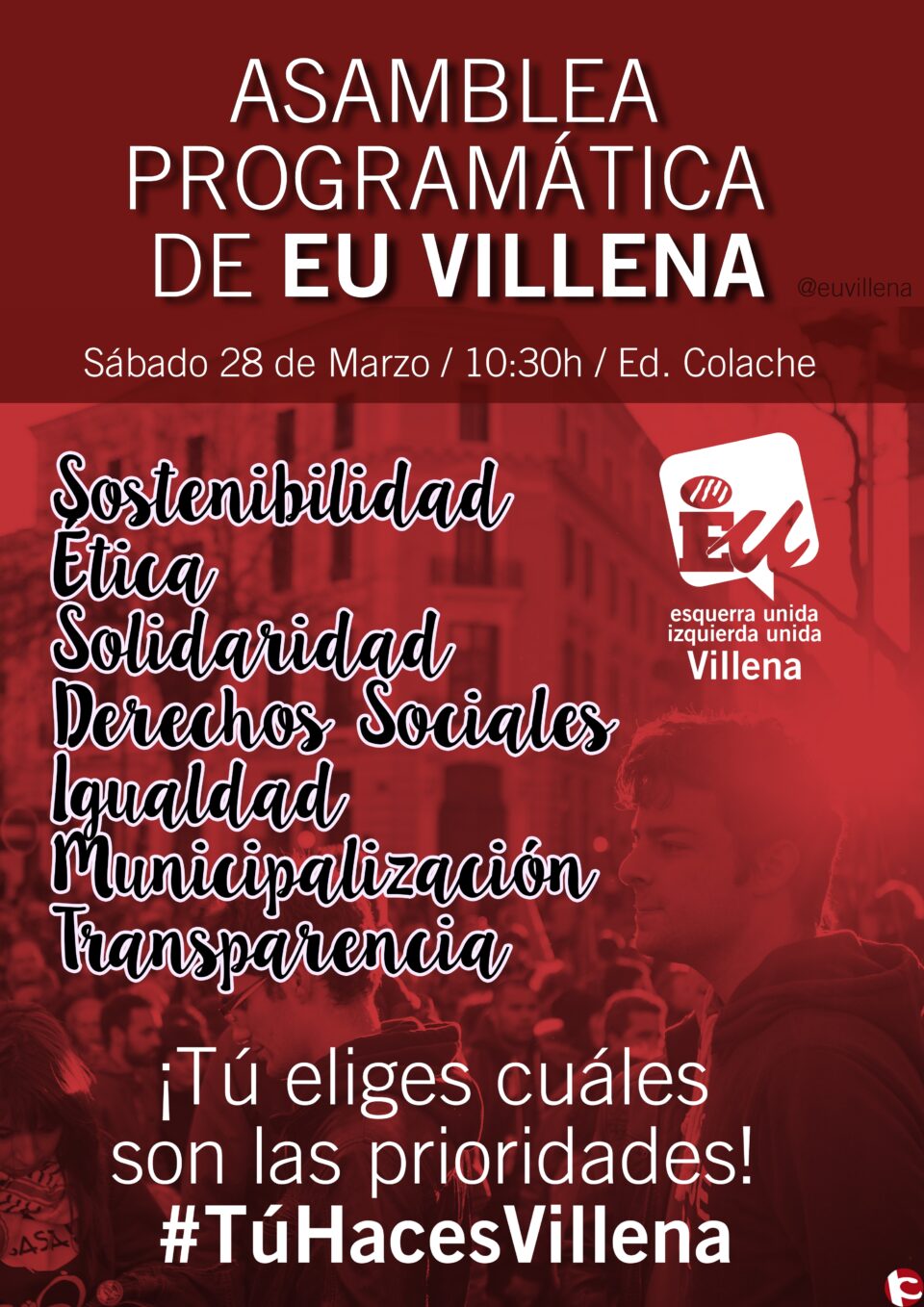 Nota de prensa sobre la asamblea programática que realizará Esquerra Unida de Villena el sábado en el edificio Colache
