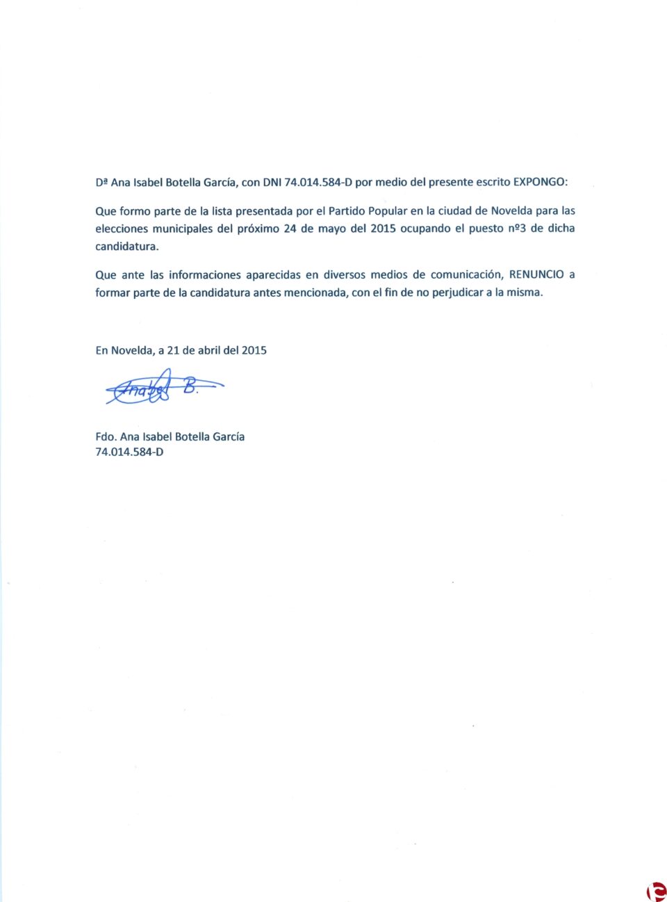 El PP de Novelda acepta la renuncia voluntaria de la candidata del puesto 3 y tramita su baja ante la Junta Electoral de Zona