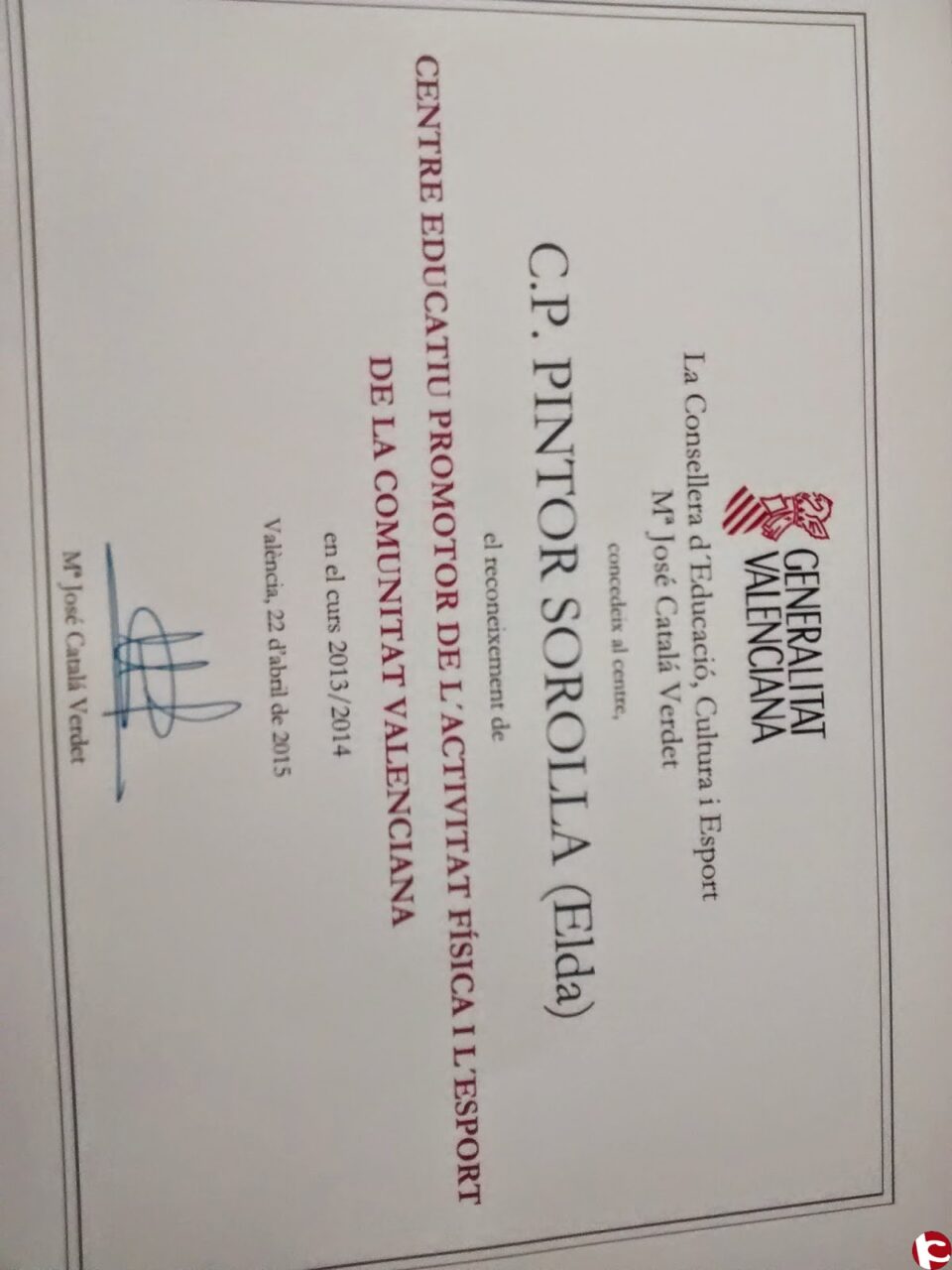 EL COLEGIO PÚBLICO PINTOR SOROLLA DE ELDA RECIBE EL RECONOCIMIENTO COMO CENTRO PROMOTOR DEL DEPORTE EN VALENCIA