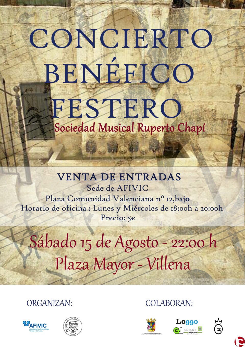 El sábado se celebra el CONCIERTO BENÉFICO FESTERO a beneficio de AFIVIC a cargo de la S.M. Ruperto Chapí