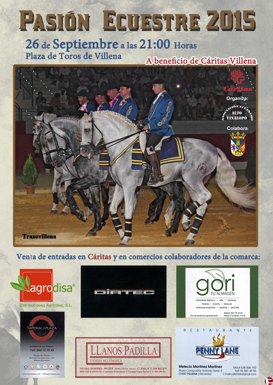 El espectáculo Ecuestre del próximo sábado 26 de Septiembre es a beneficio de Cáritas Villena
