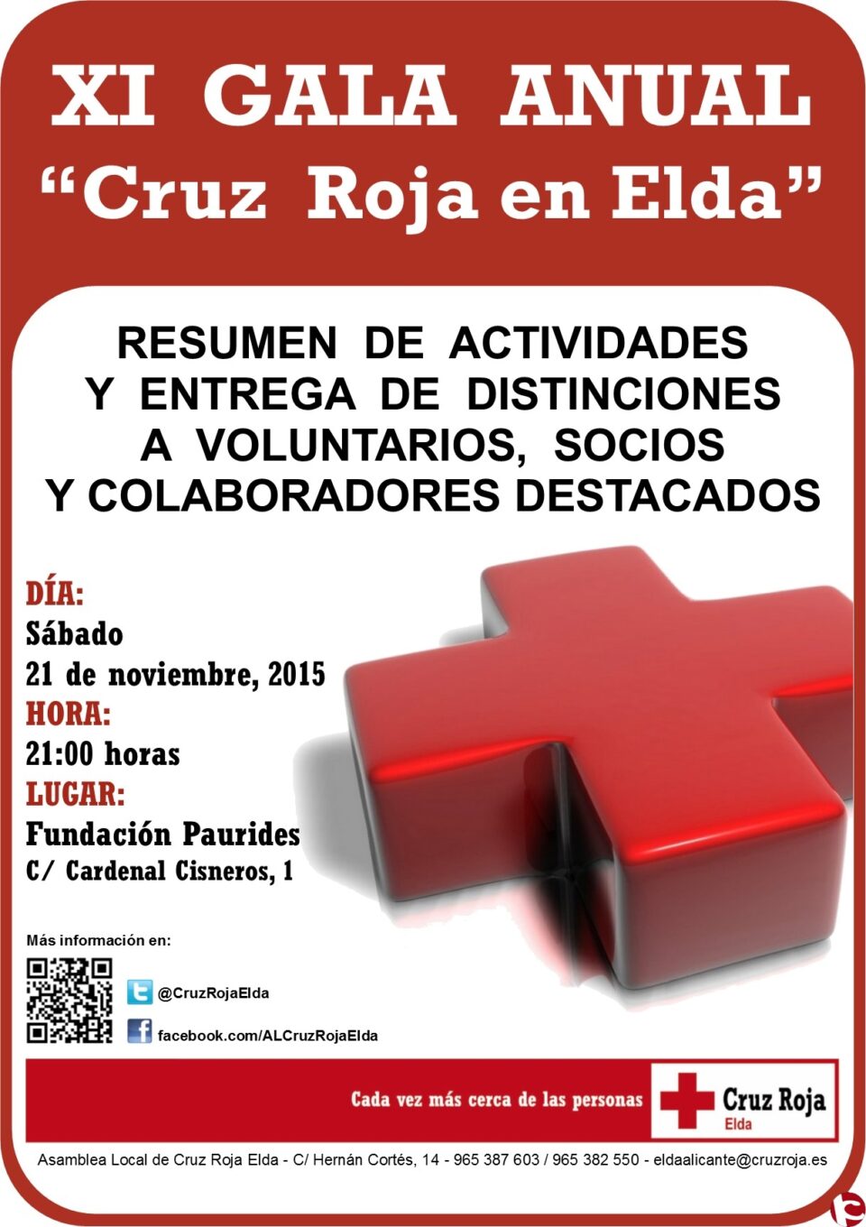 La gala anual de Cruz Roja Elda se celebrará el sábado 21 en la Fundación Paurides
