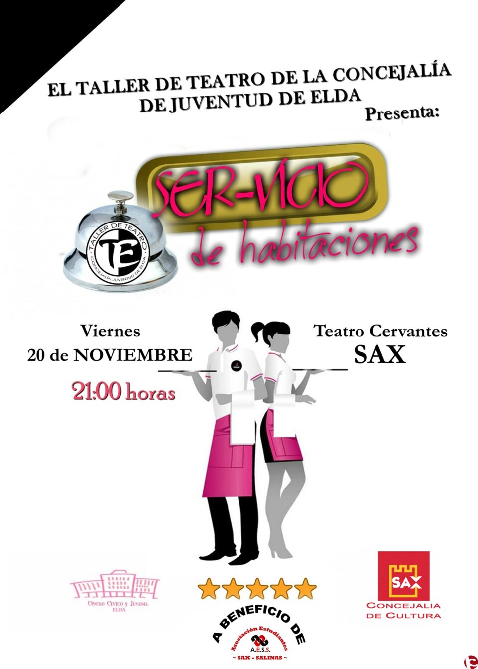 El Taller de Teatro de la Concejalía de Juventud de Elda presentará la obra SER-VICIO de habitaciones en el Teatro Cervantes de Sax