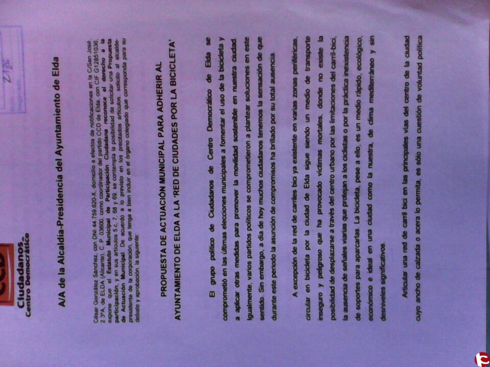 Ciudadanos Democráticos pide la adhesión de Elda a la red de "Ciudades por la Bicicleta"