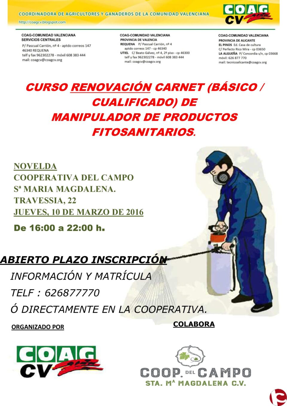 COAG CV: CURSO RENOVACIÓN CARNÉ FITOSANITARIOS. NOVELDA. MARZO 2016