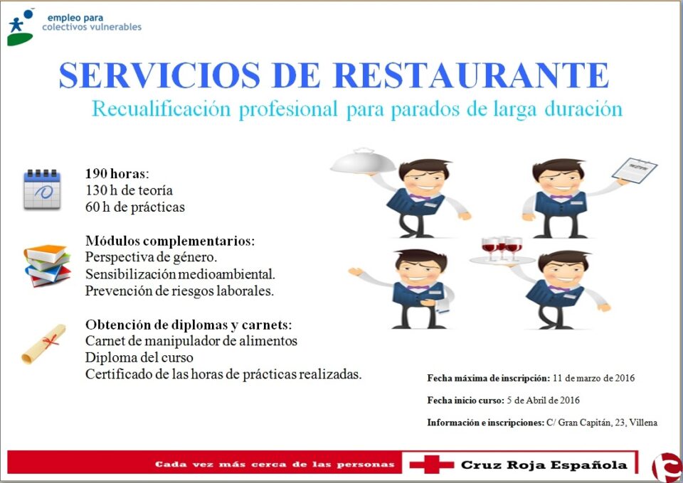 La Asamblea de Cruz Roja en Villena impartirá un curso de recualificación profesional "Servicios de Restaurante"