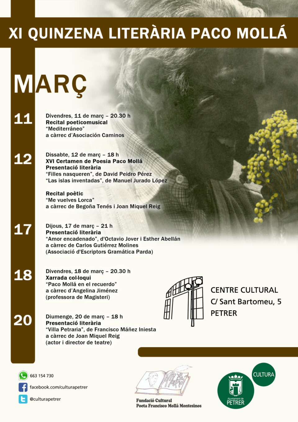 Cultura inicia este viernes la XI Quinzena Literària Paco Mollá con recitales