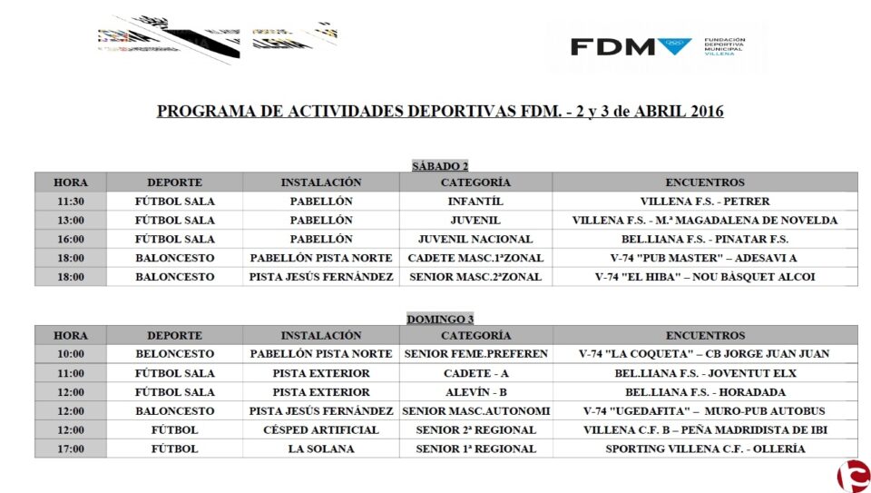 Actividades deportivas para los días 2 y 3 de abril