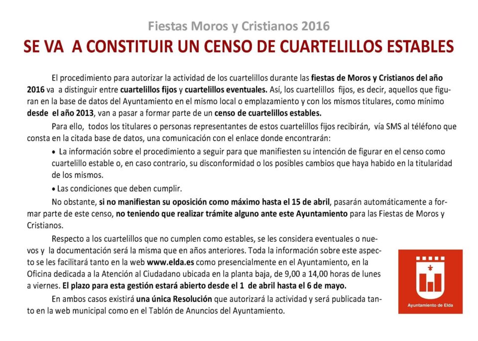 El Ayuntamiento crea un censo de cuartelillos estables para facilitar los trámites a los festeros