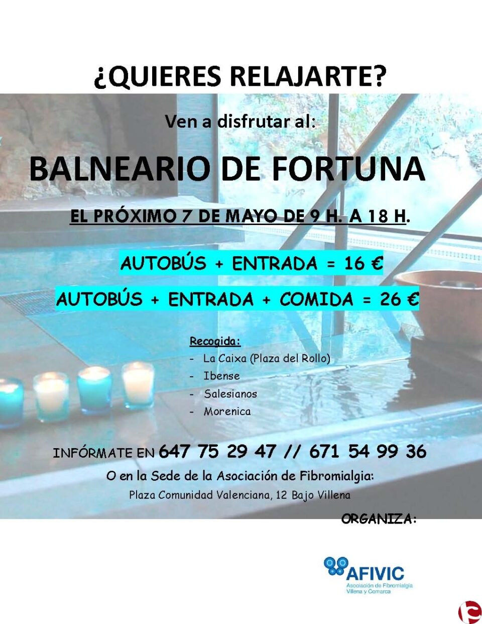 AFIVIC anima a toda la población de Villena a asistir al Balneario de Fortuna