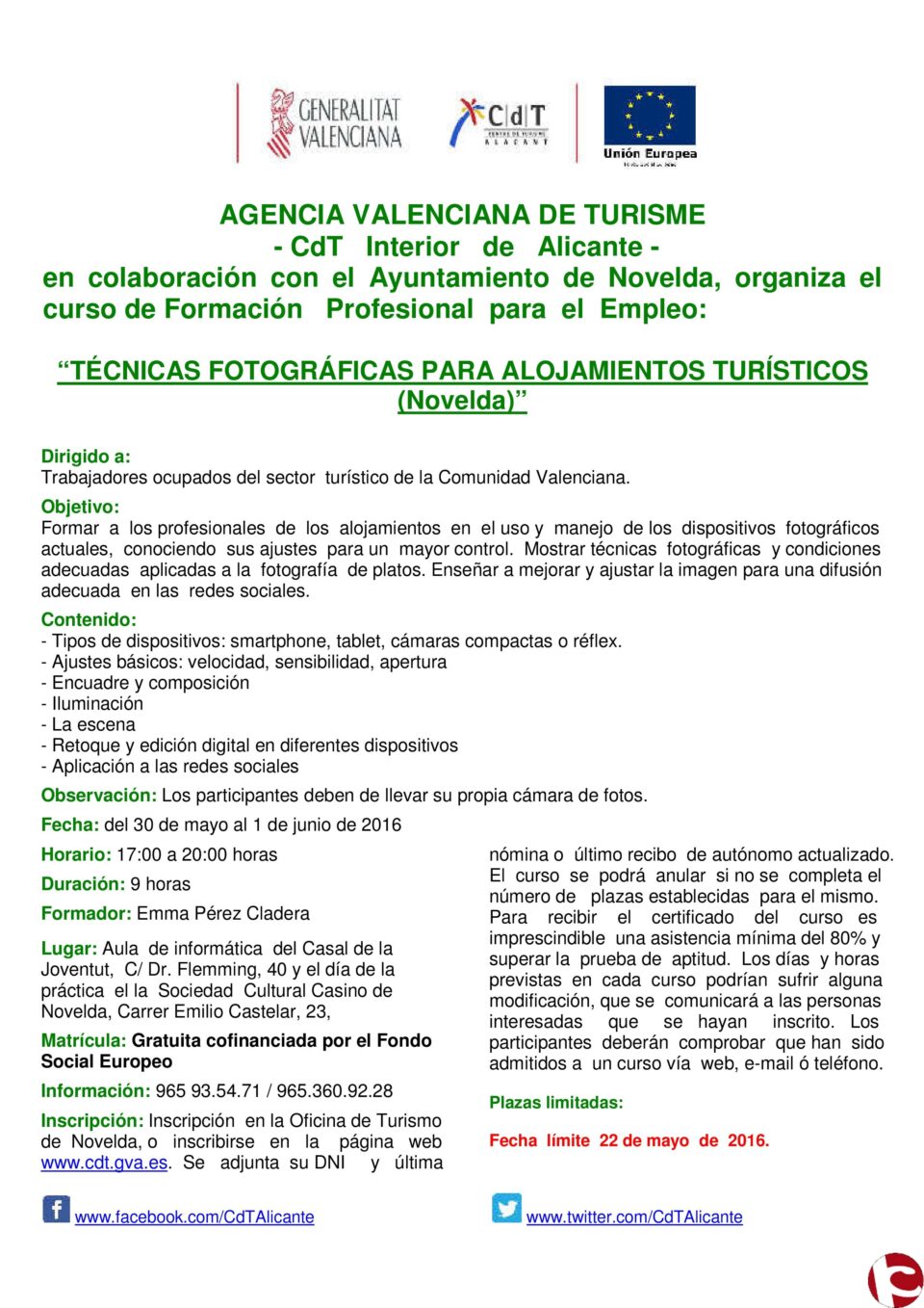 Curso gratuito en Novelda Técnicas fotográficas para el sector turístico