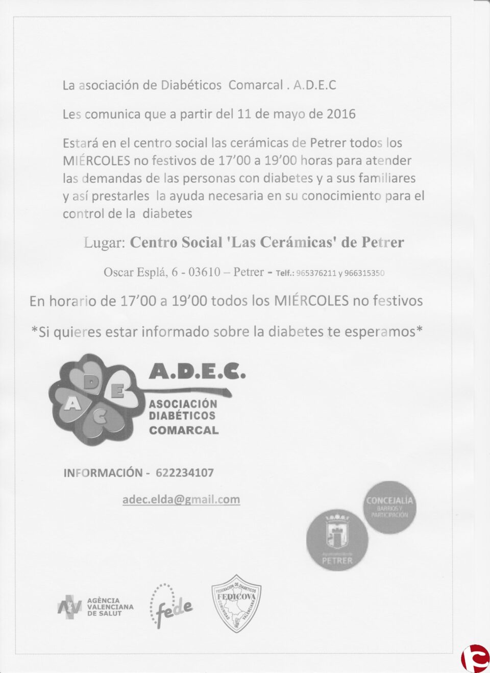 El Ayuntamiento realiza un convenio de colaboración con la Asociacion de diabéticos Comarcal ADEC