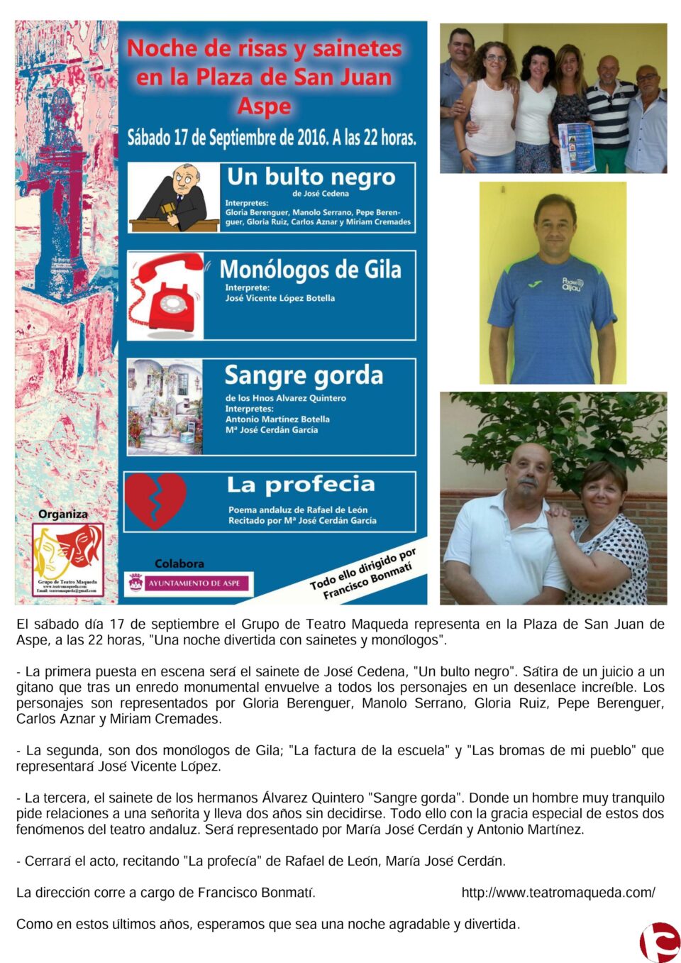 El sábado día 17 de septiembre el Grupo de Teatro Maqueda representa en la Plaza de San Juan de Aspe