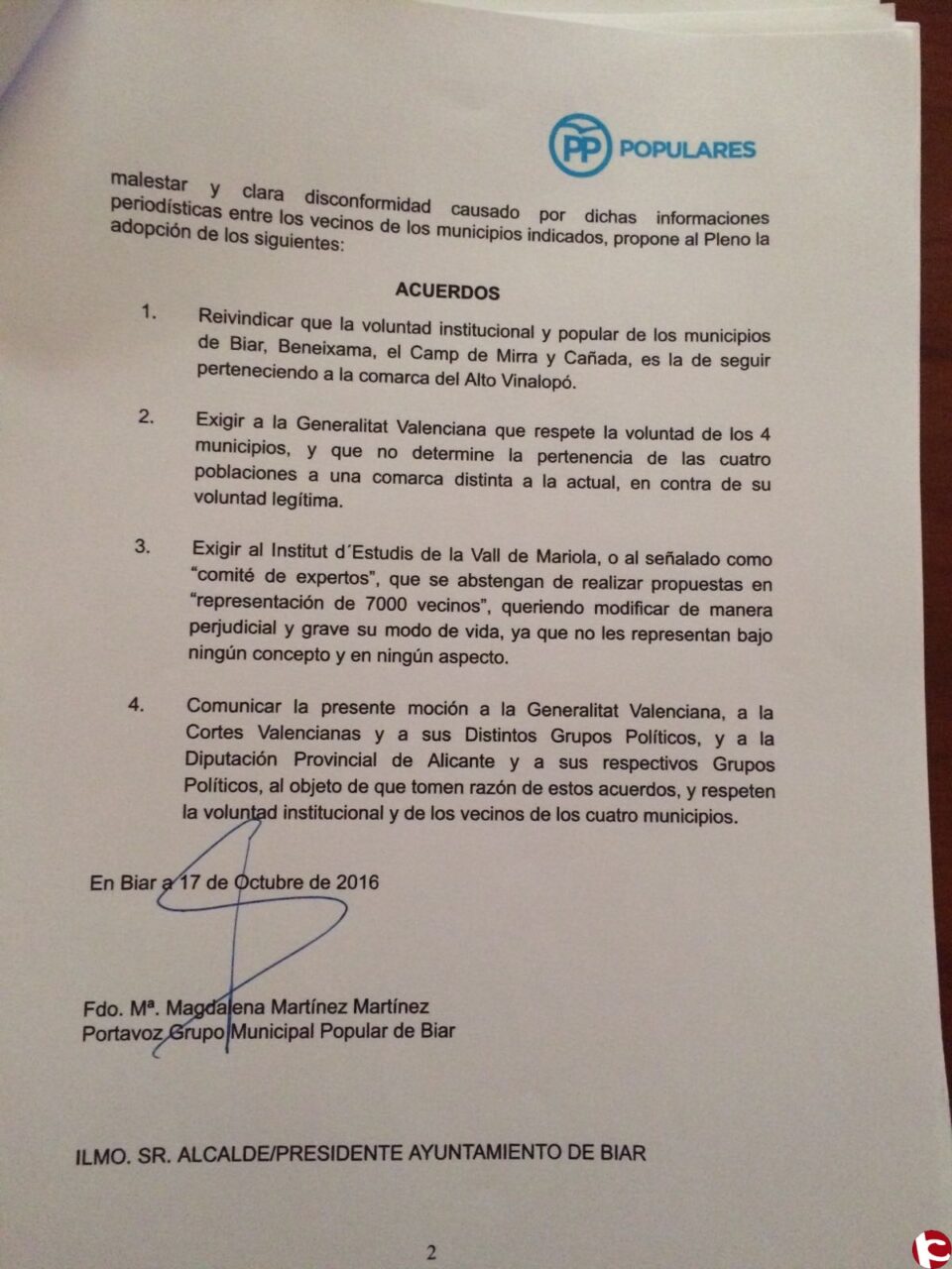 PP BIAR: "Moció per defensar els drets dels ciutadans de la Comarca degut a la proposta d´integrar Biar