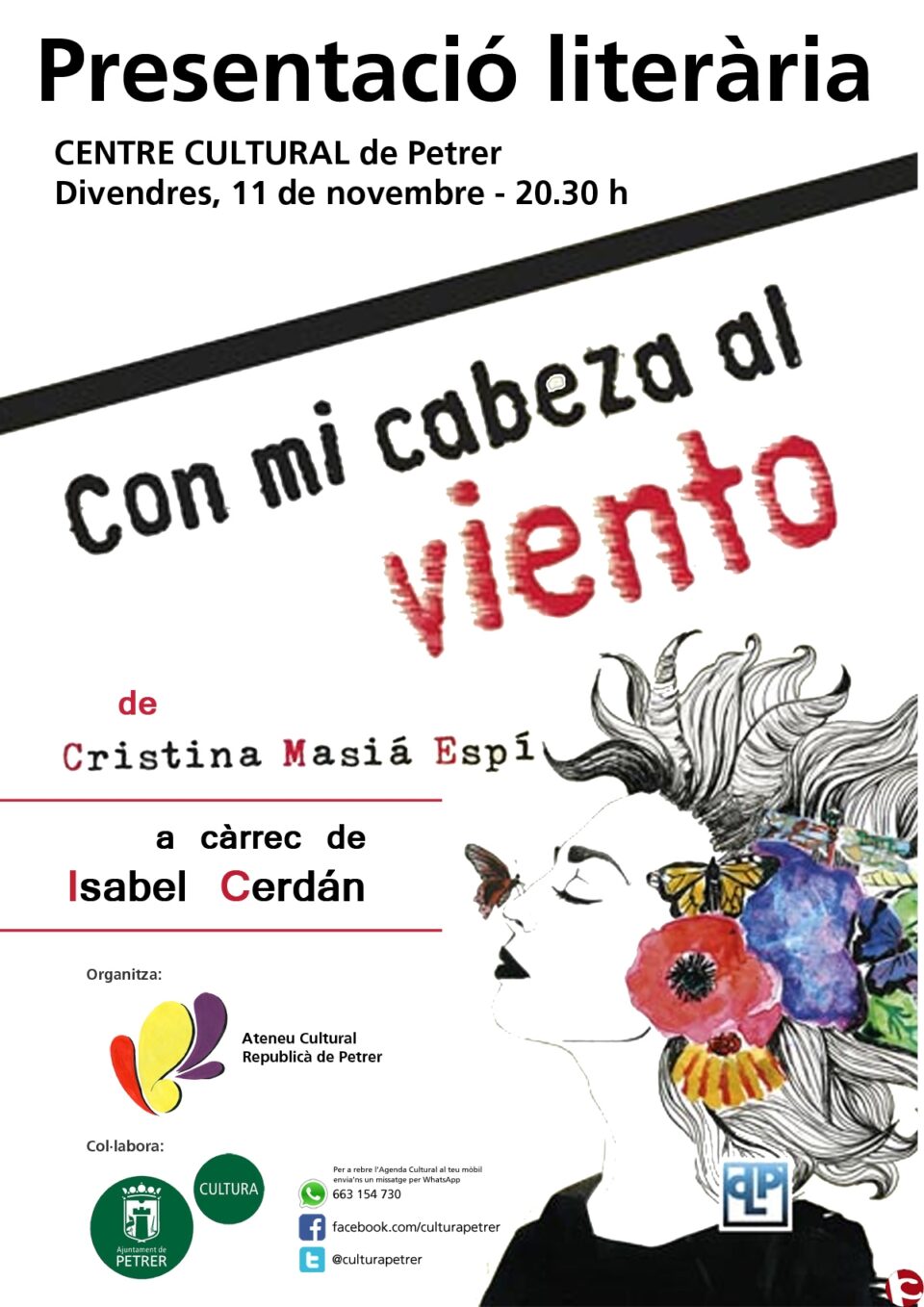 Cristina Masiá Espí presentará su poemario Con mi cabeza al viento el próximo viernes 11 de noviembre