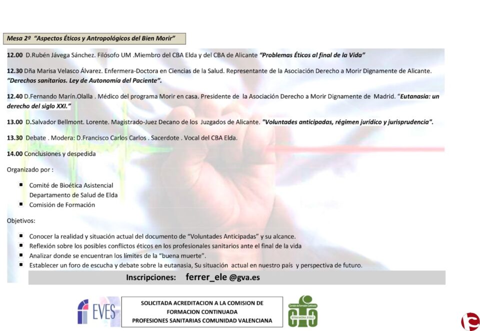 El Comité de Bioética Asistencial del Departamento de Salud de Elda aborda en una jornada los conflictos ético-legales al final de la vida
