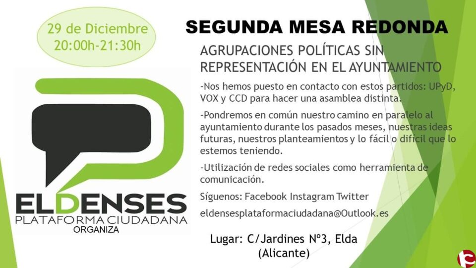 Evento programado Eldenses Plataforma Ciudadana para hoy 29 de Diciembre.