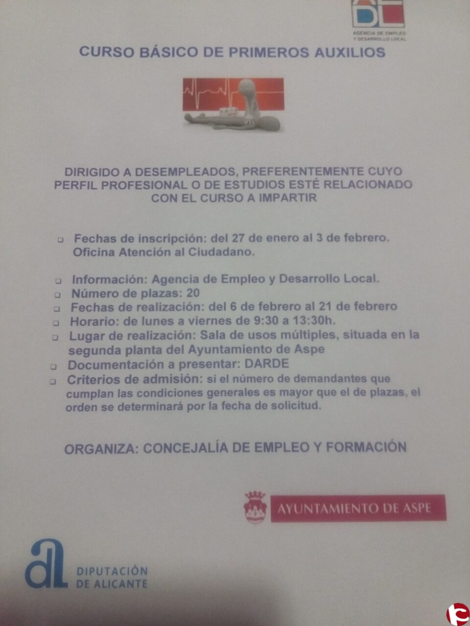 20 personas desempleadas de Aspe comenzarán un nuevo curso de Primeros Auxilios