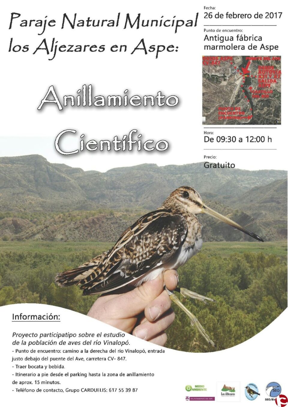 La Concejalía de Medio Ambiente y Carduelis organizan una jornada de anillamiento de aves en el Paraje Natural Municipal de los Algezares el domingo 26 de febrero.