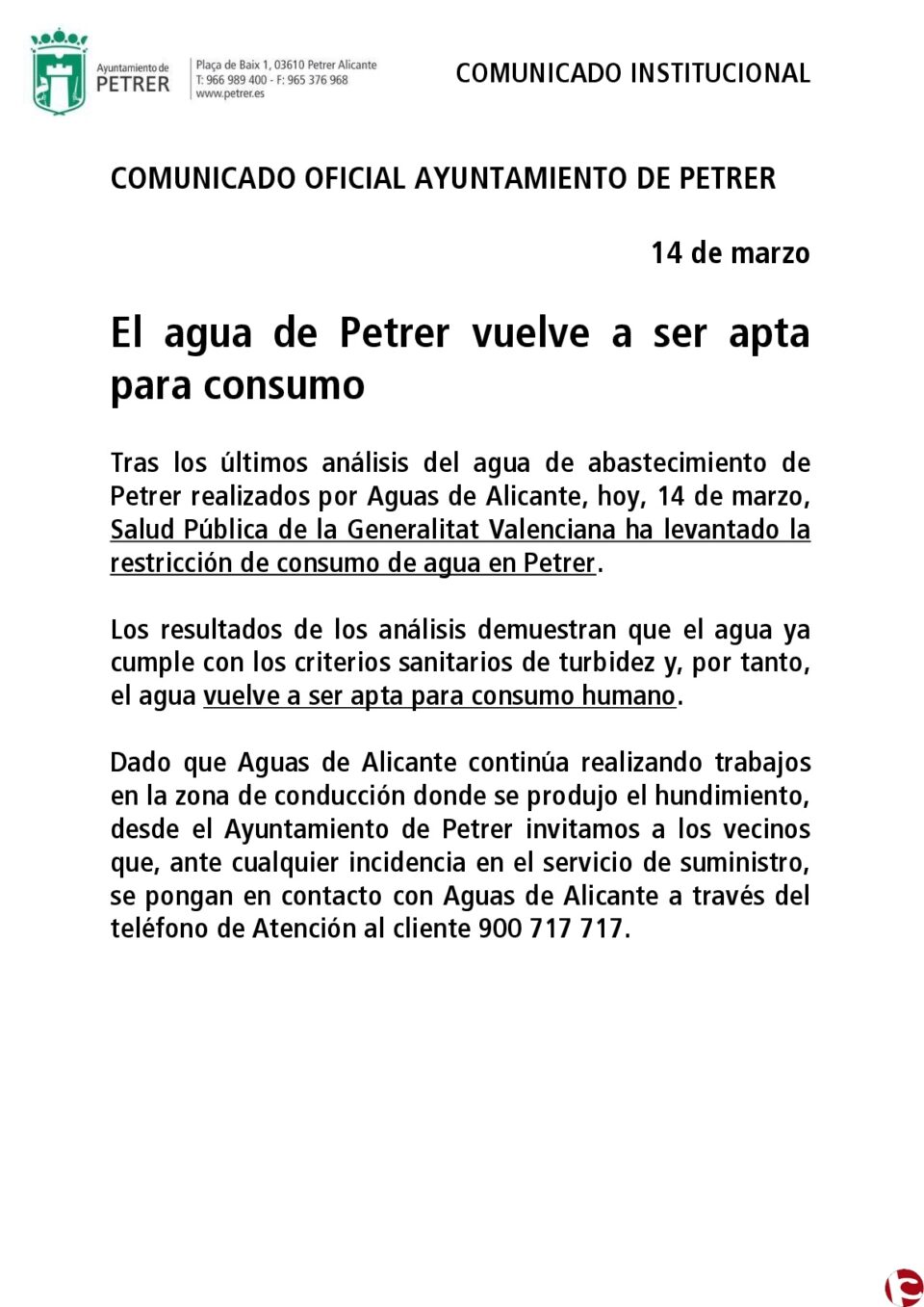 COMUNICADO OFICAL Ayuntamiento de Petrer: El agua vuelve a ser apta