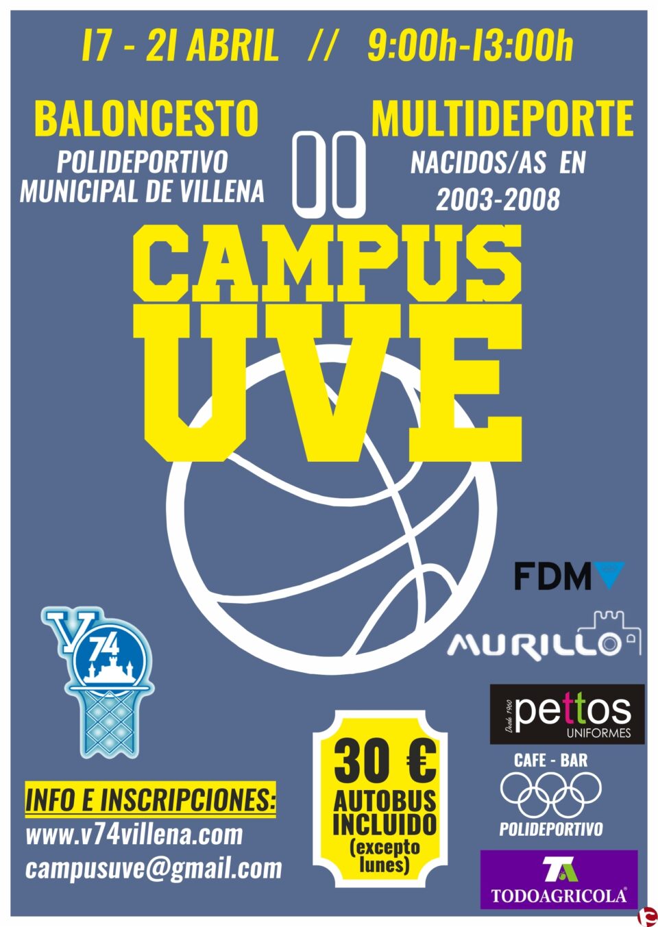 El Club Baloncesto V-74 presenta la II edición del CAMPUS UVE de Semana Santa.