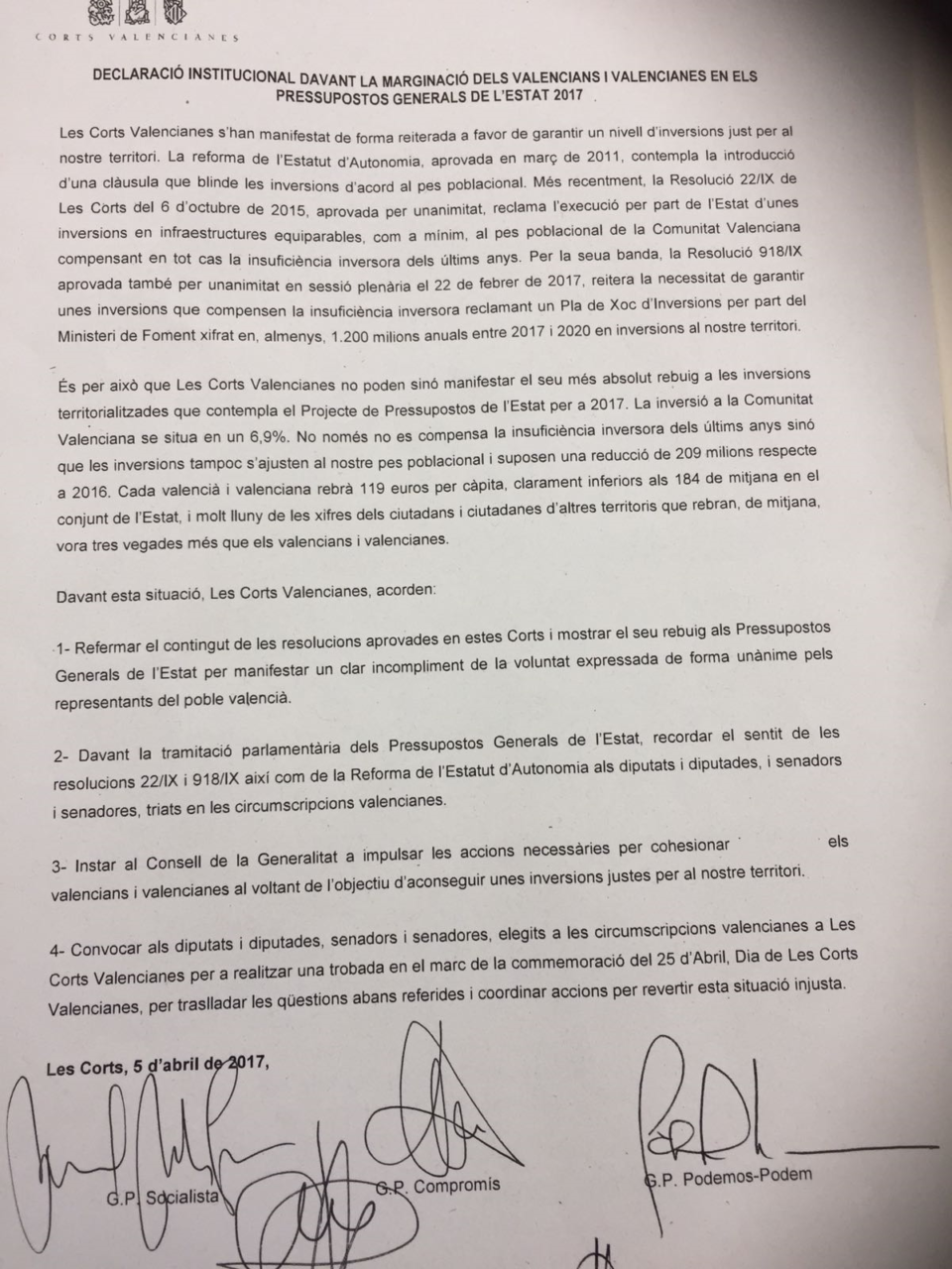 Un fet històric que Les Corts Valencianes rebutgen els Pressupostos Generals de l'Estat 2017