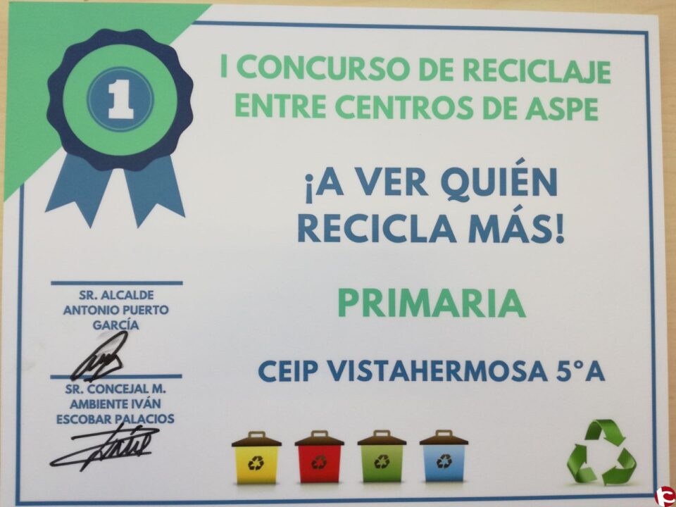 Cerca de 1.800 escolares participan en el primer concurso de reciclaje en los centros escolares de Aspe y se recogen más de 400 kilos de cartón/papel y envases