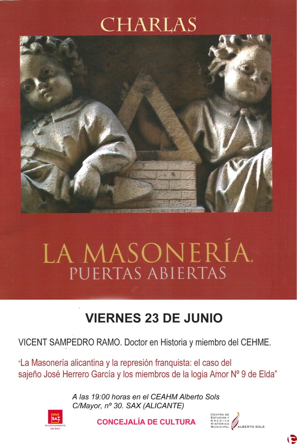 Vicent Sampedro Ramo impartirá una conferencia conferencia sobre masonería en el CEAHM