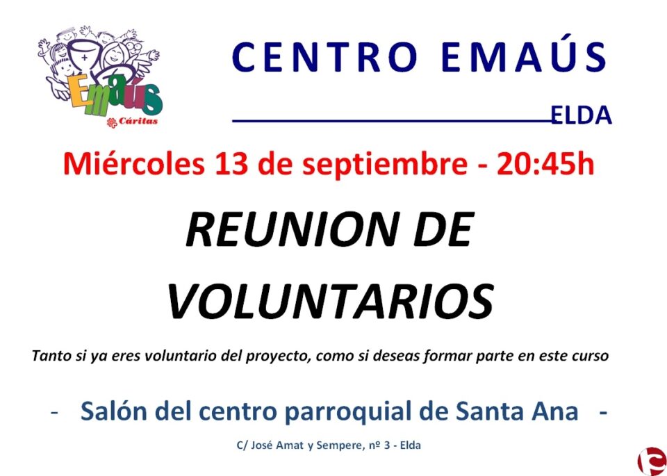 Reunión con el voluntariado el próximo día 13 en el Centro Emaús